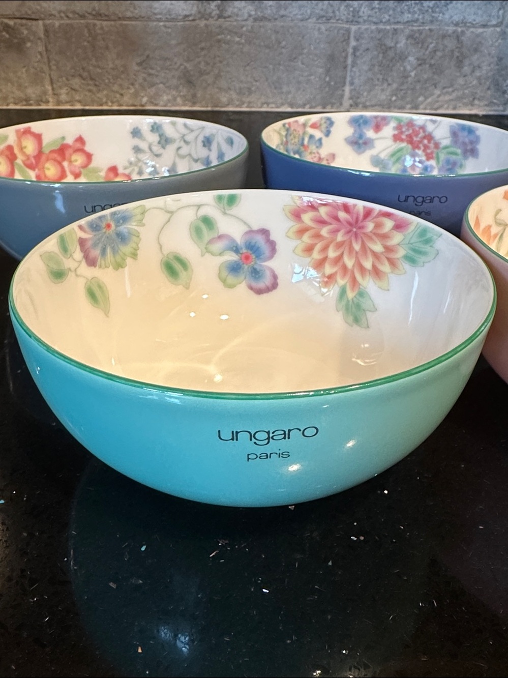 Set of 4 Ungaro Paris x Maebata Japan Floral Porcelain Bowls Pink Green Gray Blu - Picture 3 of 8